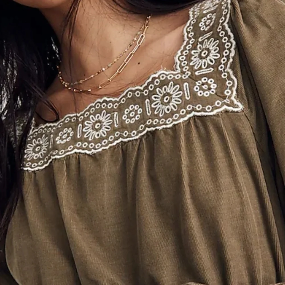 Madewell Embroidered corduroy olive green square neck mini dress‎ Sz PL new